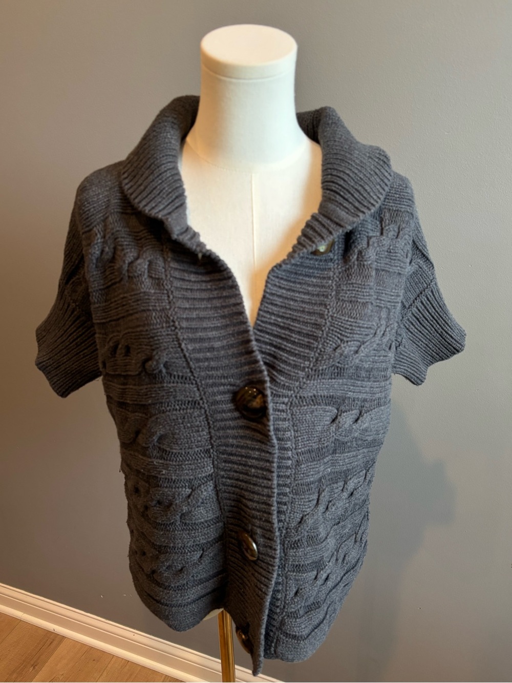 Talbots Short Sleeve Chunky Cable Knot Sweater With Large Buttons